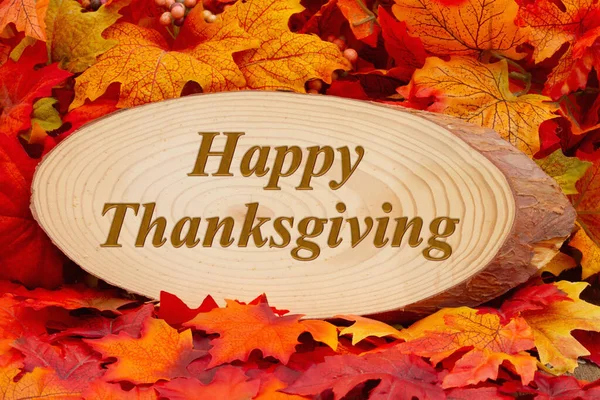 Happy Thanksgiving Grußkarte Mit Herbstblättern Auf Einem Holzschild — Stockfoto