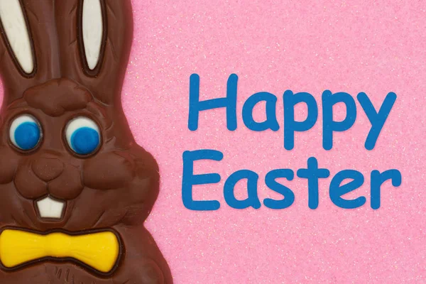 Frohe Ostern Rosa Grußkarte Mit Schokolade Osterhasen Für Ihre Urlaubsnachricht — Stockfoto
