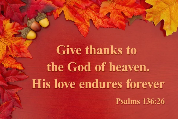 Religious Thanksgiving Message Orange Fall Leaves Red Wood — Stock Photo, Image