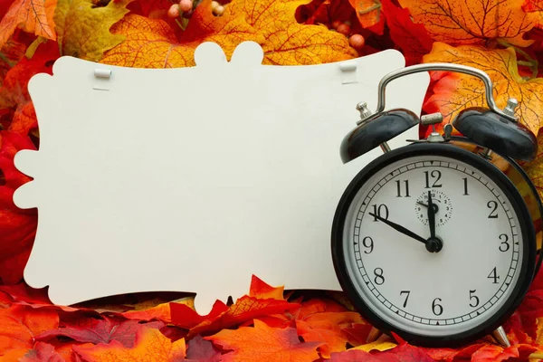 Пустой Знак Будильником Осенними Листьями Смены Времени Осеннего Сообщения — стоковое фото