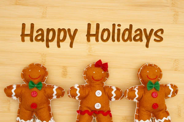 Happy Holidays Message Fabric Gingerbread Man Woman Wood — Stock Photo, Image