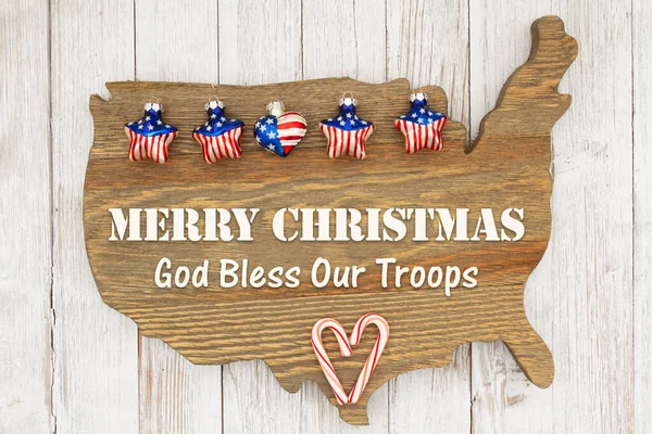 Veselé Vánoce Bůh Žehnej Našim Vojákům Pozdravy Hvězdami Ošlehaném Dřevě Stock Fotografie