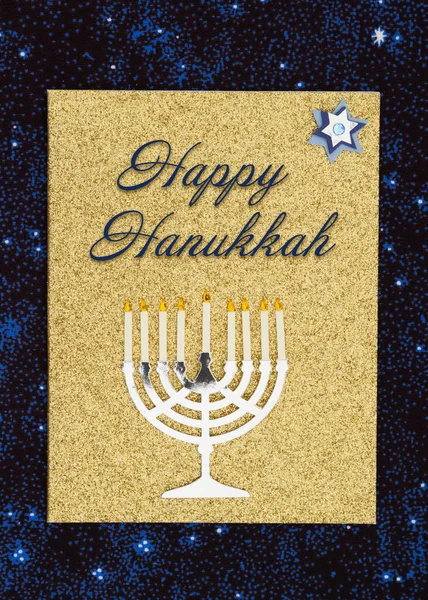 Biglietto Auguri Happy Hanukkah Con Menorah Sulle Stelle Tuo Messaggio — Foto Stock