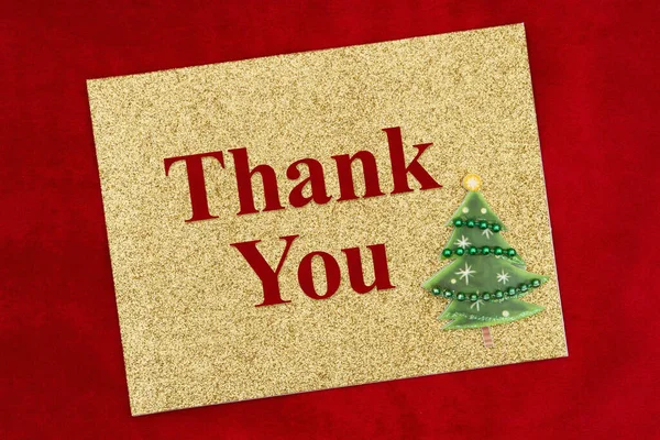 Obrigado Cartão Saudação Com Árvore Natal Material Pelúcia Madeira Vermelha — Fotografia de Stock