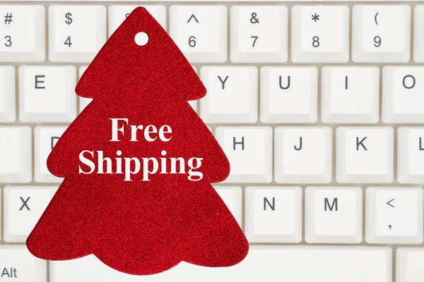 Free Shipping Message Red Christmas Tree Gift Tag Keyboard Your — Stock Photo, Image