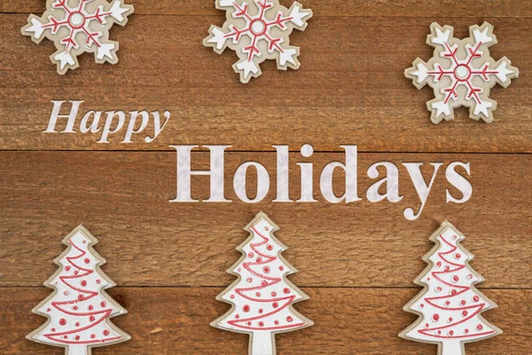 Happy Holidays Greeting Wood Snowflakes Trees Weathered Brown Wood — Stock Photo, Image
