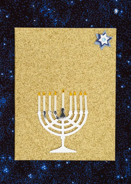 Κενή Χρυσή Ευχετήρια Κάρτα Hanukkah Μενόρα Στα Αστέρια Για Εποχιακό — Φωτογραφία Αρχείου