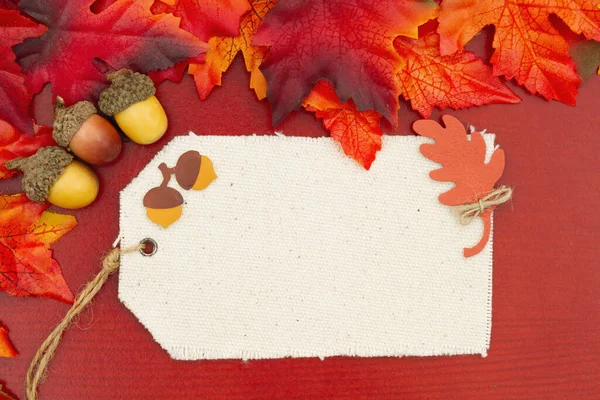 Blank Gift Tag Fall Leaves Wood Your Autumn Savings Message — Stock Photo, Image