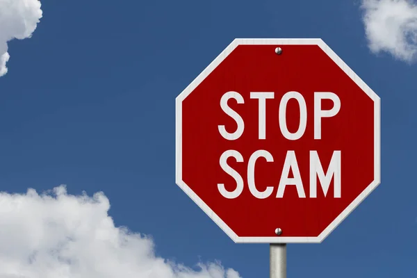 Stop Scam Red Road Sign Sky Your Fraud Scams Message — Stock Photo, Image