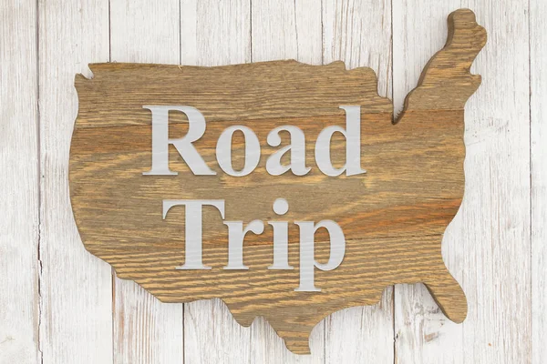 Road Trip Message Weathered Wood Usa Carte Sur Blanchisserie — Photo
