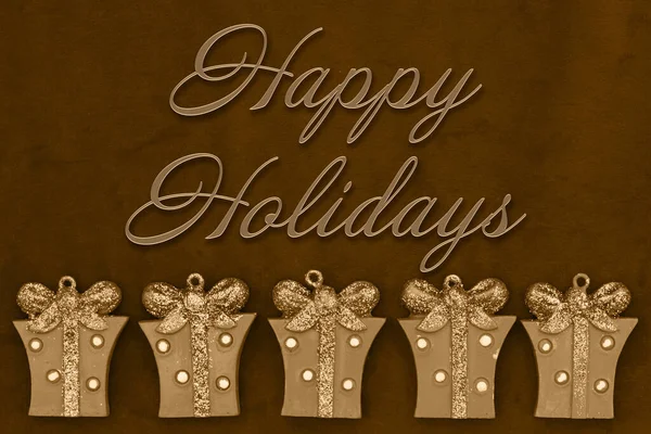 Happy Holidays Powitanie Złotymi Prezentami Brązowy Pluszowy Materiał — Zdjęcie stockowe