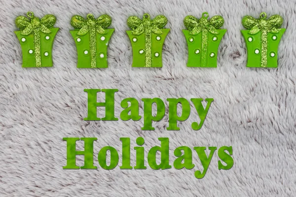 Happy Holidays Greeting Christmas Green Presents Gray Plush Material — Stock Photo, Image