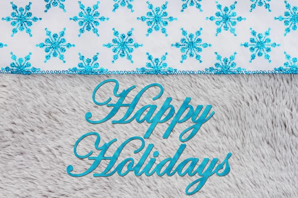 Felices Fiestas Saludo Con Copos Nieve Azules Material Felpa Gris —  Fotos de Stock