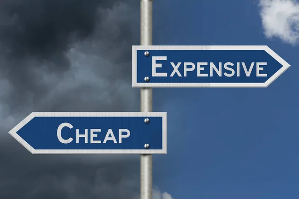 Expensive Cheap Blue Road Sign Sky Your Costs Message — Stock Photo, Image