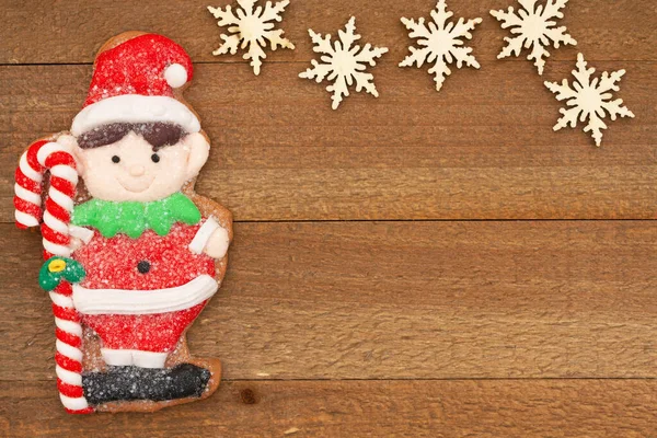 Cute Gingerbread Elf Weathered Wood Holiday Background Your Winter Seasonal — Stock Photo, Image