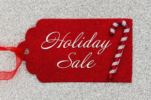 Holiday Sale Message Red Gift Tag Candy Cane Silver Glitter — Stock Photo, Image