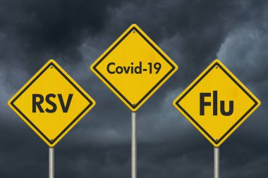 RSV, covid-19 and flu yellow warning road sign with stormy sky clipart