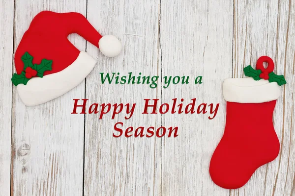 Wishing You Happy Holiday Season Santa Hat Christmas Stocking Weathered — Stock Photo, Image