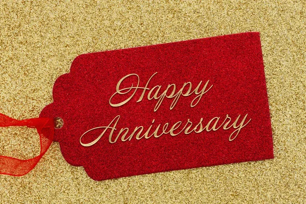 Happy Anniversary Greeting Red Gift Tag Gold Glitter Paper — Stock Photo, Image