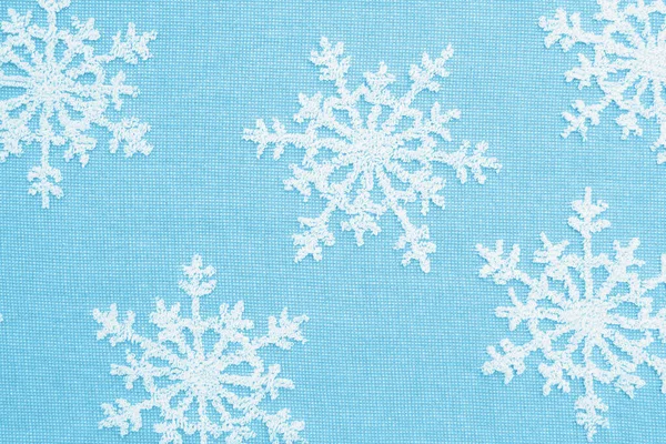 Белые Снежинки Голубом Фоне Зимних Сезонных Сообщений — стоковое фото