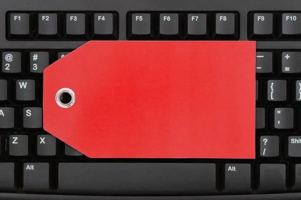 Клавиатура Красной Подарочной Биркой Сообщения Онлайн Покупки Стоковое Изображение