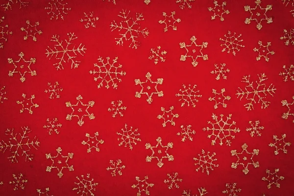 Copos Nieve Dorados Sobre Fondo Vacaciones Material Rojo Para Mensaje — Foto de Stock