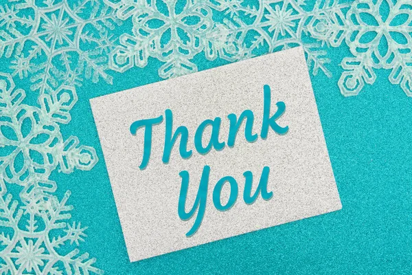 Thank You Silver Greeting Card White Snowflakes Teal Glitter — Foto de Stock