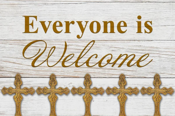 Everyone Welcome Message Bronze Religious Cross Wood Your Welcoming Church Foto Stock Royalty Free