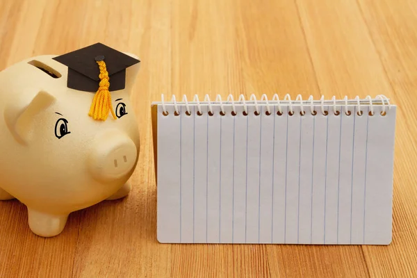 Gold Piggy Bank Grad Cap Wood Desk Your Money Saving — Stockfoto