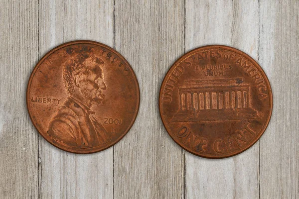 Close Two Usa Pennies Both Sides Weathered Wood Your Two — Stock Photo, Image
