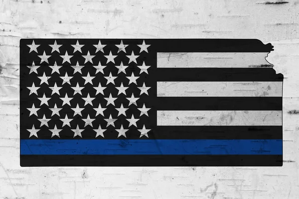 American thin blue line flag on map of Kansas for your support of police officers