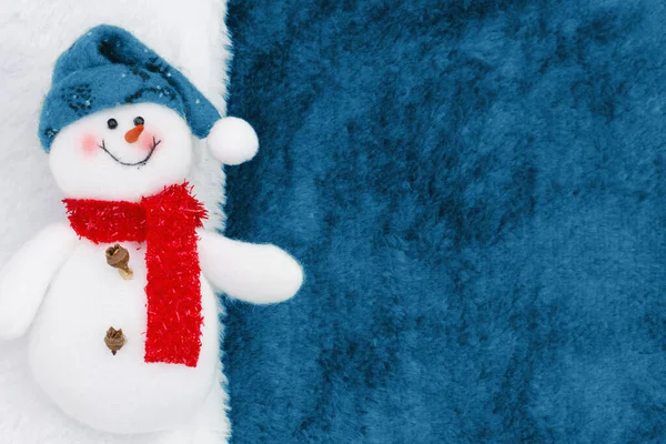Snowman Blue Fleece Material White Border Copy Space Your Winter — Zdjęcie stockowe