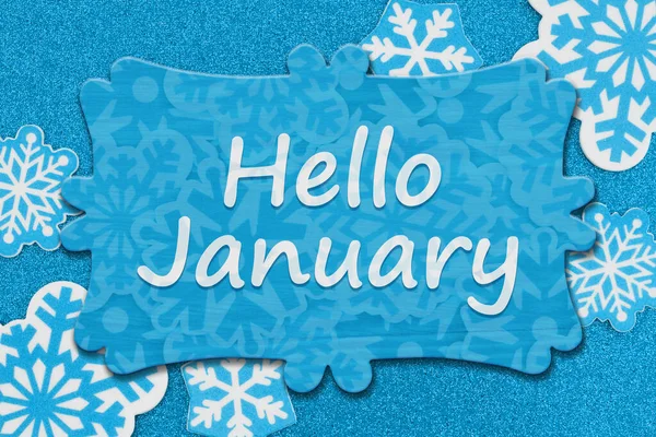 Hej Januari Meddelande Trä Tecken Snöflingor Blå Glitter Material — Stockfoto