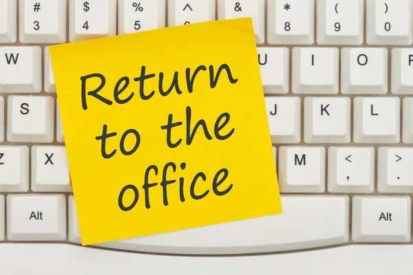 Return Office Message Yellow Sticky Note Gray Computer Keyboard Your — Stock Photo, Image