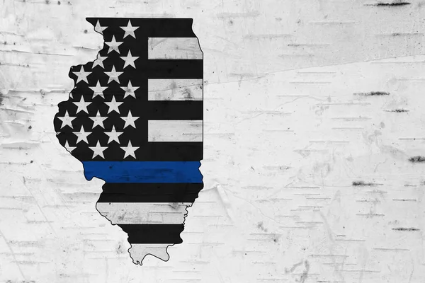 American thin blue line flag on map of Illinois for your support of police officers