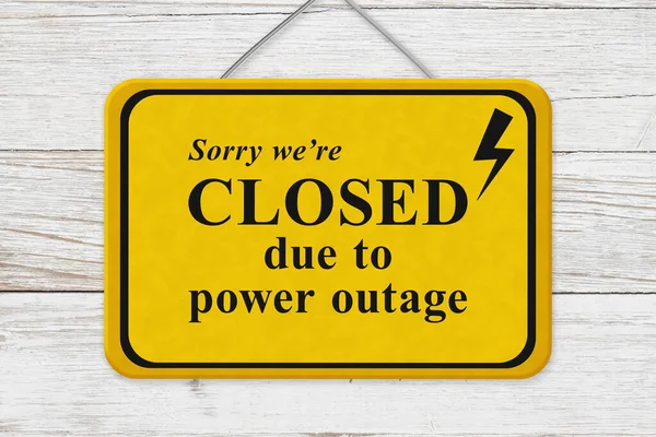 Closed Due Power Outage Message Yellow Hanging Warning Sign Weathered — Stock Photo, Image