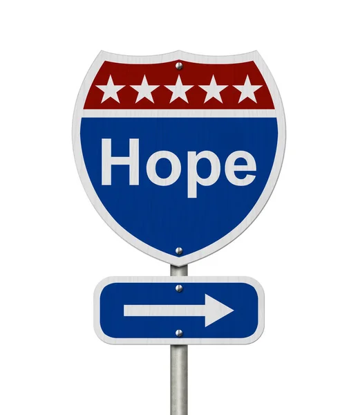 白に隔離された赤と青の高速道路標識に希望のメッセージ — ストック写真