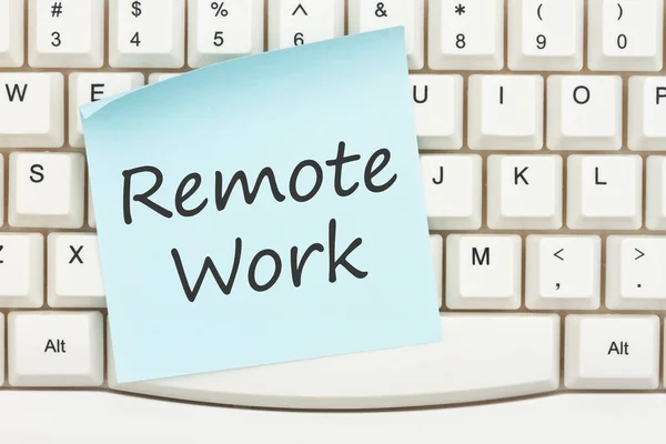 Remote Work Message Blue Sticky Note Gray Computer Keyboard Your — Stock Photo, Image