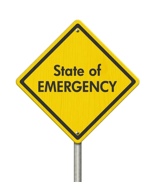 白い上に隔離された黄色の警告道路標識に緊急メッセージの状態 — ストック写真