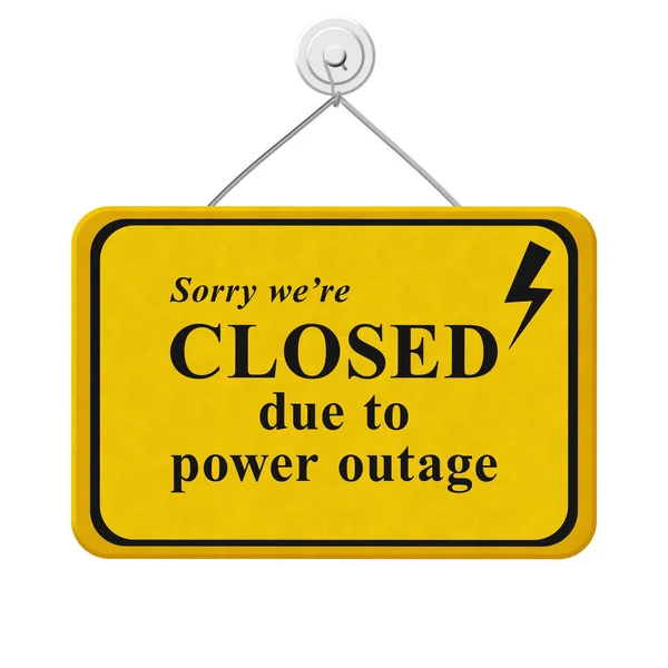 Closed Due Power Outage Message Yellow Hanging Warning Sign Isolated — Stock Photo, Image