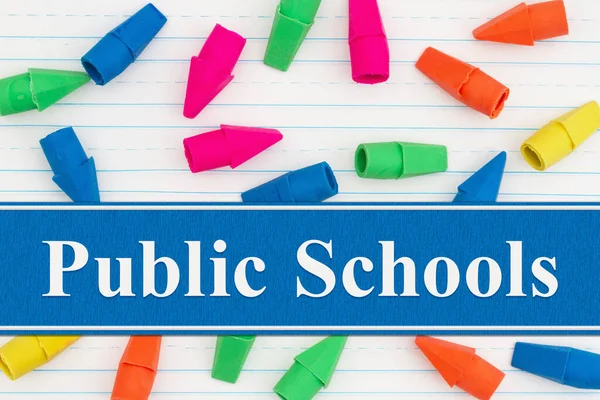 Poselství Veřejných Škol Notebooku Vládl Papír Gumami Pro Vaši Školu — Stock fotografie