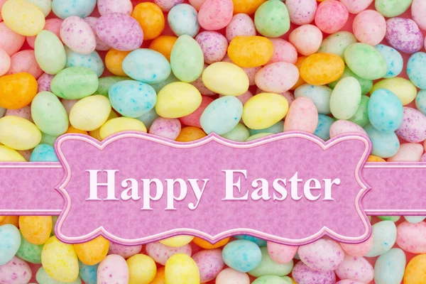 Tarjeta Felicitación Feliz Pascua Con Pancarta Huevos Pascua Colores Pastel — Foto de Stock