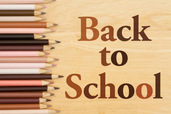 Back School Message Multiculture Skin Tone Color Pencils Wood Desk — Stock Photo, Image