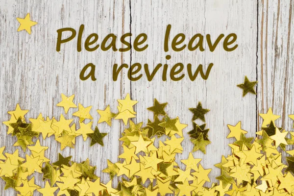 Please Leave Review Message Gold Stars Weathered Wood — Stock Photo, Image