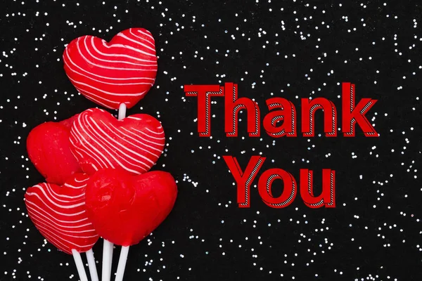 Mensaje Agradecimiento Con Caramelo Rojo Blanco Corazón Lollipop —  Fotos de Stock