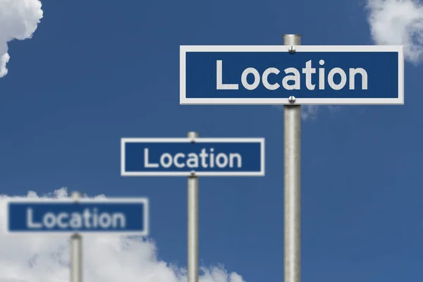 Location Three Blue Street Signs Real Estate Sky — Stock Photo, Image