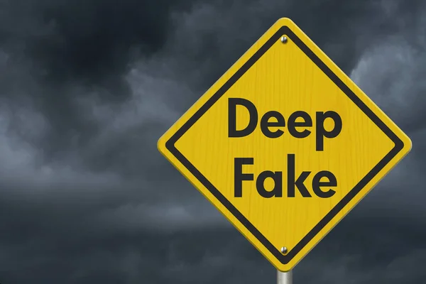 Deep Fake Message Yellow Warning Road Sign Stormy Sky — Stock Photo, Image
