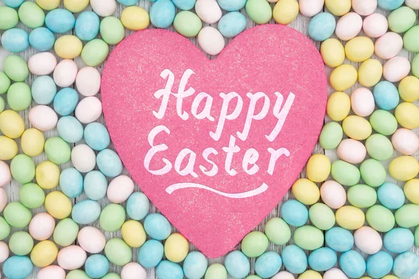 Frohe Ostern Glückwunschkarte Mit Pastellfarbenen Ostereiern Und Herz — Stockfoto