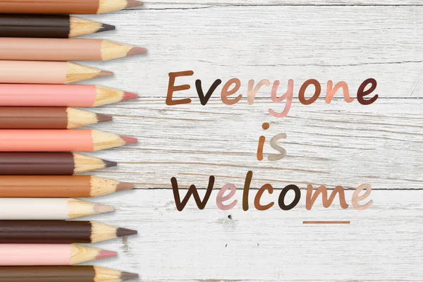 Everyone Welcome Message Multiculture Skin Tone Color Pencils Crayons Lined — Stock Photo, Image