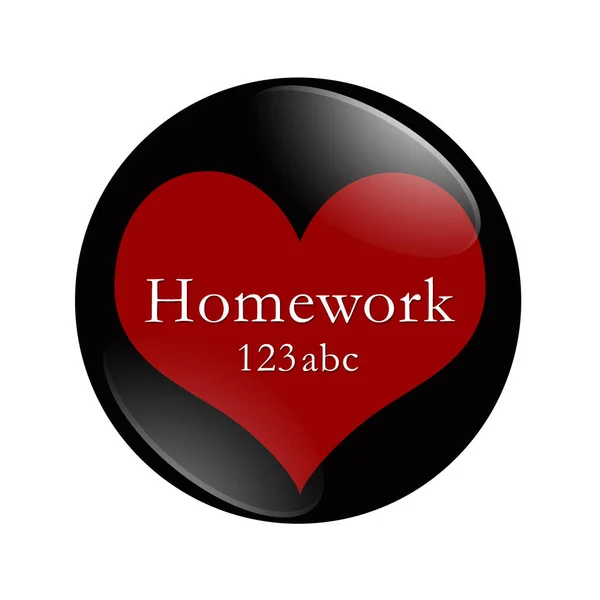 我爱作业按钮 一个黑色和红色的按钮 Word 做家庭作业 123 Abc 和孤立的白色背景上的一颗心 — 图库照片
